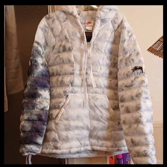 Insulated,Nike Stussy, Women's Blue and White Puffer Pull Over Jacket Sz.L - Picture 5 of 15